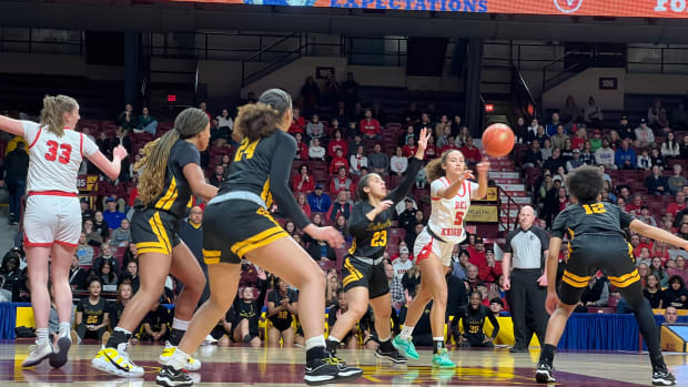 Benilde-St. Margaret's Zahara Bishop looks to pass during the Class 3A championship game against DeLaSalle at the Minnesota state girls basketball tournament on Saturday, March 16, 2024, at Williams Arena in Minneapolis